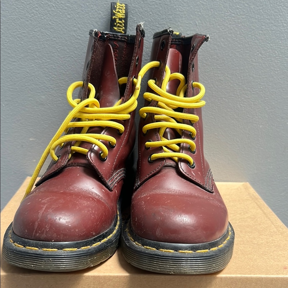 Dr. Martens Burgundy Boots with Yellow Laces